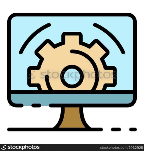 Gear on computer screen icon. Outline gear on computer screen vector icon color flat isolated. Gear on computer screen icon color outline vector