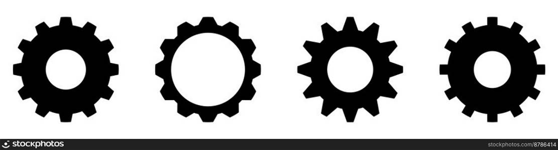 Gear set. Black gear wheel icons. Gear setting vector icon set. Isolated black gears mechanism and cogwheel. Vector illustration