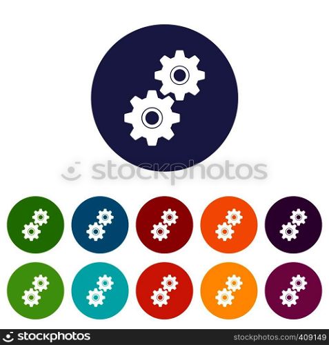 Gear set icons in different colors isolated on white background. Gear set icons