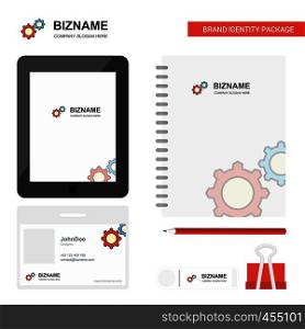 Gear setting Business Logo, Tab App, Diary PVC Employee Card and USB Brand Stationary Package Design Vector Template