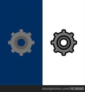 Gear, Setting, Cogs  Icons. Flat and Line Filled Icon Set Vector Blue Background