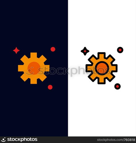 Gear, Setting, Cogs Icons. Flat and Line Filled Icon Set Vector Blue Background