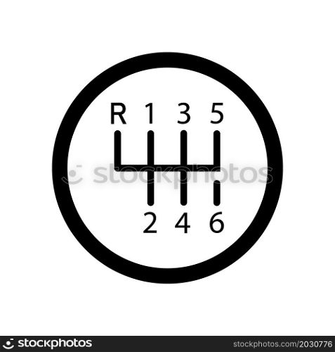 Gear shifter. Icon of car transmission. Manual box of shifter. Symbol of gearbox for stick of auto. Icon of 5 or 6 on lever for speed. Pictogram logo isolated on white background for vehicle. Vector.