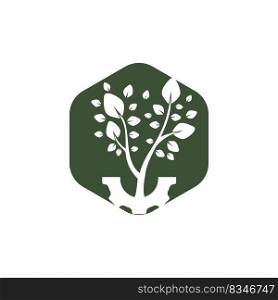 Gear tree vector logo design template. Modern nature technology logo. Green eco tech and industry logo concept.	