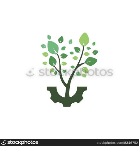 Gear tree vector logo design template. Modern nature technology logo. Green eco tech and industry logo concept. 