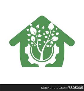 Gear tree vector logo design template. Modern nature technology logo. Green eco tech and industry logo concept. 
