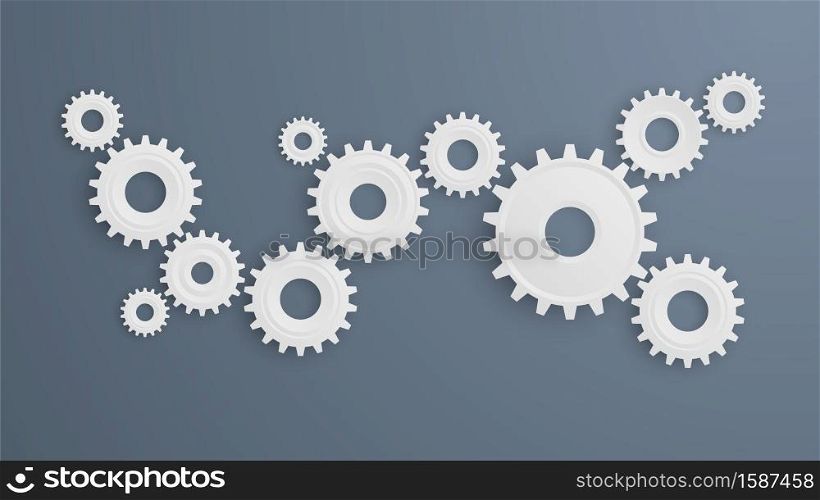 Gear wheels. Connecting mechanism cog system, abstract white round cogwheels with shadows, teamwork symbol, company process concept, engine gears movement infographic vector 3d isolated template. Gear wheels. Connecting mechanism cog system, abstract white cogwheels with shadows, teamwork symbol, company prosess concept, engine gears movement infographic vector isolated template