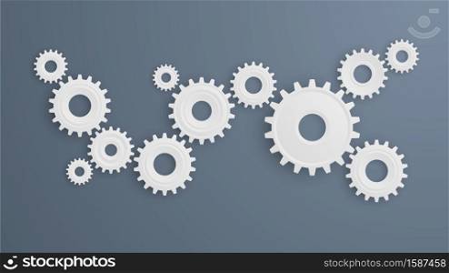 Gear wheels. Connecting mechanism cog system, abstract white round cogwheels with shadows, teamwork symbol, company process concept, engine gears movement infographic vector 3d isolated template. Gear wheels. Connecting mechanism cog system, abstract white cogwheels with shadows, teamwork symbol, company prosess concept, engine gears movement infographic vector isolated template