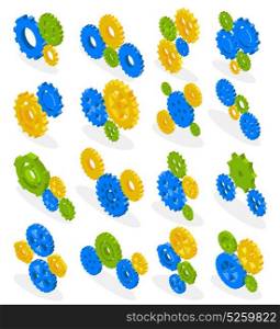 Gear Wheels Isometric Set. Gears isometric collection with isolated gearwheels of different shape and colour with shadows on white background vector illustration