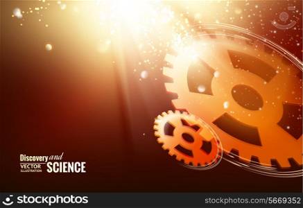 Gear-wheels over lights, rays with dark background. Vector illustration.