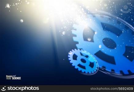 Gear-wheels over lights rays with dark background. Vector illustration.