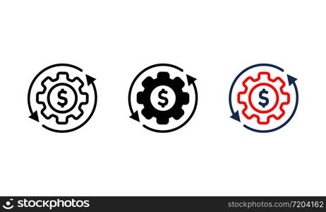 Gear with money, or a dollar bill flat logo icon in color on an isolated black background. EPS 10 vector. Gear with money, or a dollar bill icon set in modern colour design concept on isolated white background. EPS 10 vector.