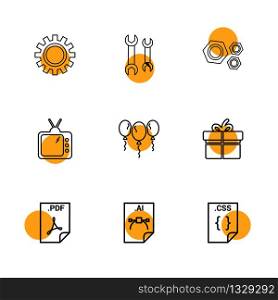 Gear , wrench, nut bolt , tv , balloons , giftbox , pdf file , ai file , css file , icon, vector, design, flat, collection, style, creative, icons