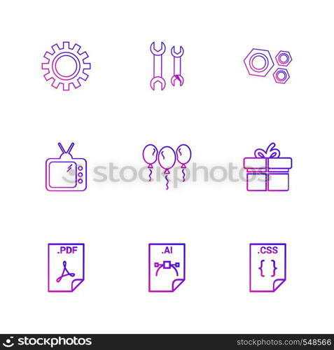 Gear , wrench, nut bolt , tv , balloons , giftbox , pdf file , ai file , css file , icon, vector, design, flat, collection, style, creative, icons