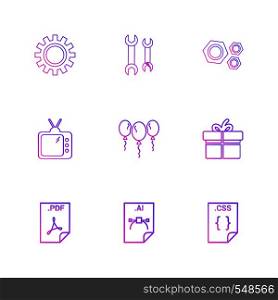 Gear , wrench, nut bolt , tv , balloons , giftbox , pdf file , ai file , css file , icon, vector, design, flat, collection, style, creative, icons