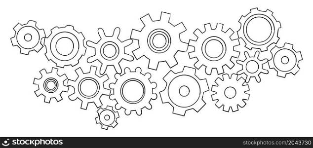 Gears collection vector in hand drawn style. Goal, Planning, idea concept doodle illustration. Sketch gear infographic elements. Rotating mechanism for business process.