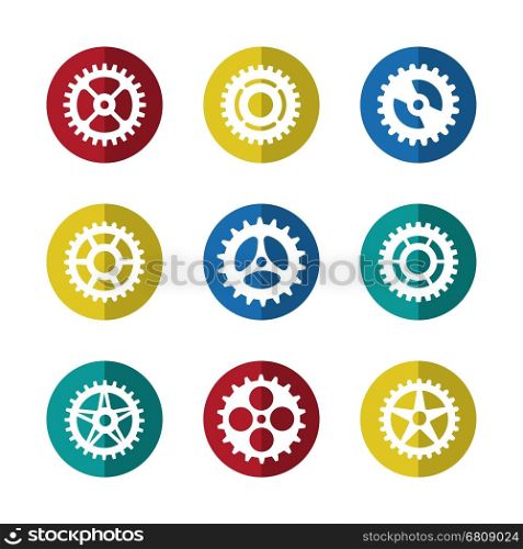 Gears icon set on colorful circles. Gears icon set on colorful circles on white background. Vector illustration