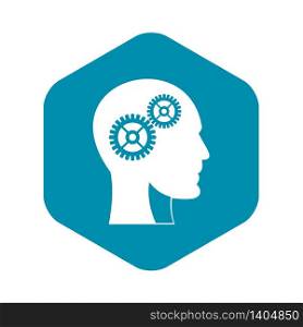 Gears in human head icon. Simple illustration of gears in human head vector icon for web. Gears in human head icon, simple style