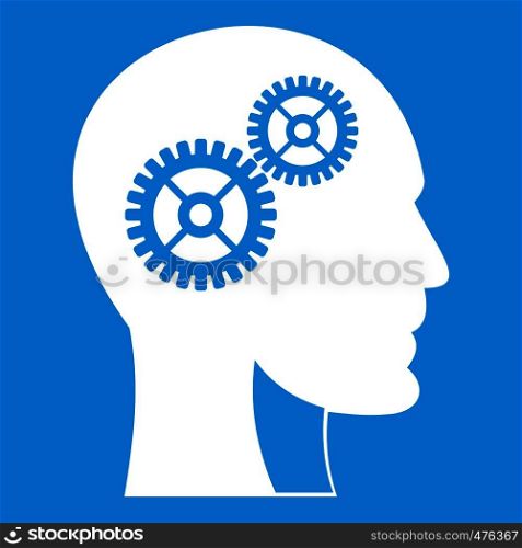 Gears in human head icon white isolated on blue background vector illustration. Gears in human head icon white