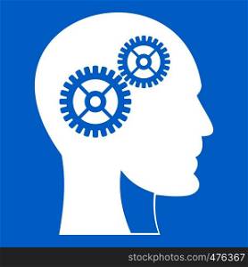 Gears in human head icon white isolated on blue background vector illustration. Gears in human head icon white