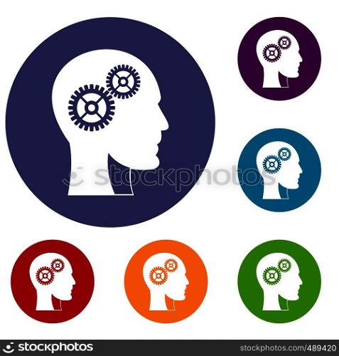 Gears in human head icons set in flat circle red, blue and green color for web. Gears in human head icons set