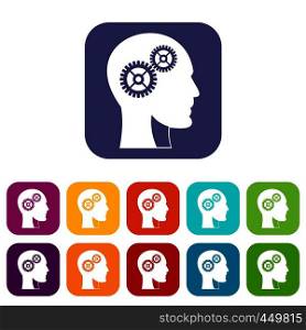 Gears in human head icons set vector illustration in flat style In colors red, blue, green and other. Gears in human head icons set flat