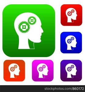 Gears in human head set icon color in flat style isolated on white. Collection sings vector illustration. Gears in human head set color collection