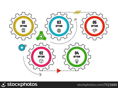 Gears infographic. Engineering timeline concept with 5 options. Workflow diagram, process flowchart vector infographics template. Process step business infographic and workflow diagram illustration. Gears infographic. Engineering timeline concept with 5 options. Workflow diagram, process flowchart vector infographics template