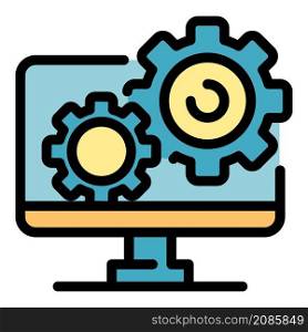Gears on the monitor icon. Outline gears on the monitor vector icon color flat isolated. Gears on the monitor icon color outline vector