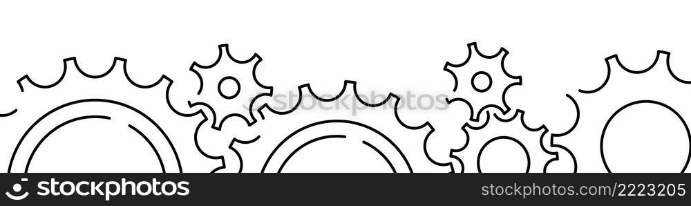 Gears, production related horizontal banner or bottom border template background. Flat line vector illustration isolated on white.. Gears, production related horizontal banner or border template. Flat line vector illustration isolated on white