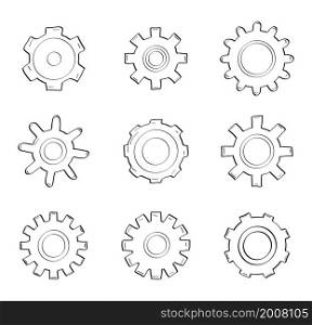 Gears vector set in hand drawn style. Goal, Planning, idea concept doodle illustration. Sketch gear infographic elements. Rotating mechanism for business process.. Gears vector set in hand drawn style. Goal, Planning, idea concept doodle illustration. Sketch gear infographic elements.