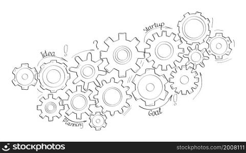 Gears vector set in hand drawn style. Goal, Planning, idea concept doodle illustration. Sketch gear infographic elements. Rotating mechanism for business process.. Gears vector set in hand drawn style. Goal, Planning, idea concept doodle illustration. Sketch gear infographic elements.