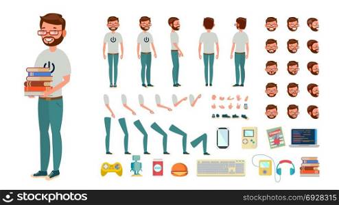 Geek Man Vector. Animated Character Creation Set. Computer Nerd Male. Full Length, Front, Side, Back View, Accessories, Poses, Face Emotions, Gestures. Isolated Flat Cartoon Illustration. Dollar Gold Coins Sign Vector Set. Flat, Cartoon. Flip Different Angles. Currency Money. Investment Concept Illustration. Banking, Finance Coin Symbol. Dollar Currency