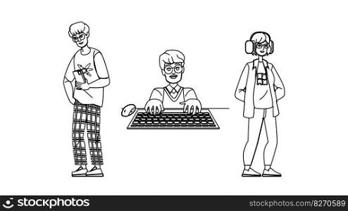 geek man vector. glasses young, business office, handsome technology, laptop computer, guy work, student geek man character. people Illustration. geek man vector