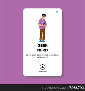 geek nerd vector. glasses young, man funny, computer guy, portrait success geek nerd web flat cartoon illustration. geek nerd vector