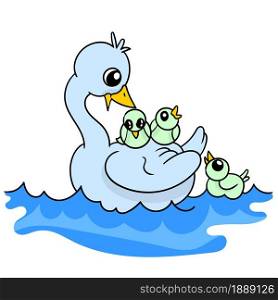 geese are swimming with their chicks. cartoon illustration sticker emoticon