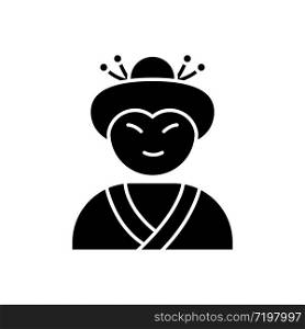 Geisha black glyph icon. Japanese woman in asian attire. Geiko in costume with traditional hairstyle. Maiko in costume. Ethnic performer. Silhouette symbol on white space. Vector isolated illustration