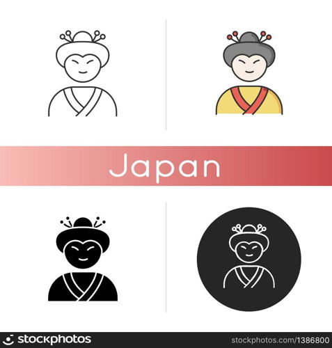 Geisha icon. Japanese woman in asian attire. Geiko in costume with traditional hairstyle. Maiko in costume. Ethnic performer. Linear black and RGB color styles. Isolated vector illustrations. Geisha icon