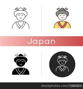 Geisha icon. Japanese woman in asian attire. Geiko in costume with traditional hairstyle. Maiko in costume. Ethnic performer. Linear black and RGB color styles. Isolated vector illustrations. Geisha icon
