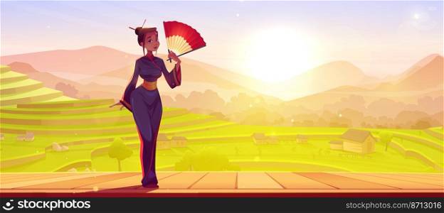 Geisha in kimono on background of rice field terraces at morning. Vector cartoon illustration of japanese girl with red fan on wooden veranda and summer landscape of asian green paddy farmland. Geisha in kimono and rice field terraces landscape