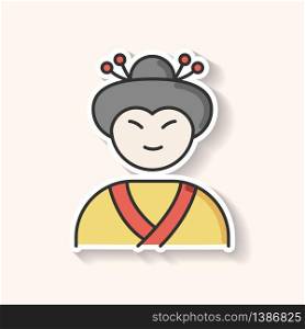 Geisha patch. Japanese woman in asian attire. Geiko in costume with traditional hairstyle. Maiko in costume. Ethnic performer. RGB color printable sticker. Vector isolated illustration. Geisha patch. Japanese woman in asian attire