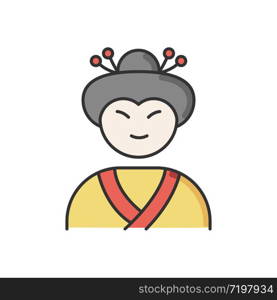 Geisha RGB color icon. Japanese woman in asian attire. Geiko in costume with traditional hairstyle. Maiko in folk clothing. Ethnic performer in national dress. Isolated vector illustration