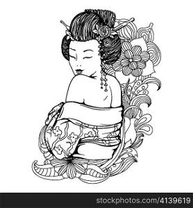 geisha with floral vector illustration