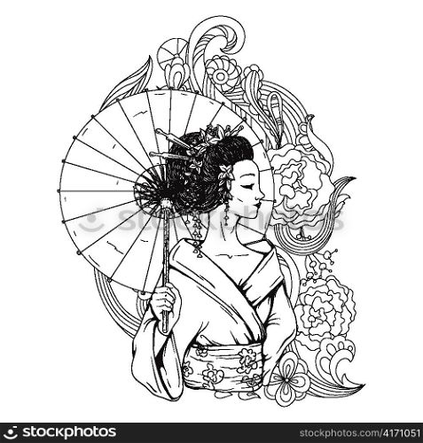 geisha with floral vector illustration