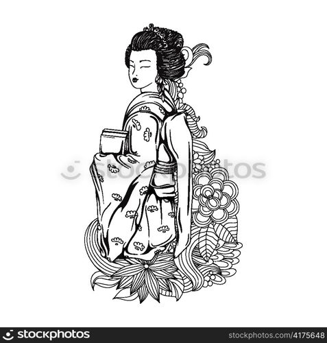 geisha with floral vector illustration