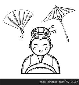 Geisha woman in kimono with traditional makeup and a hairstyle with hair pins, with vintage japanese fan and paper umbrella, sketch icons. Geisha in kimono with fan and paper umbrella