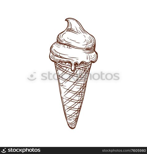 Gelato ice cream isolated hand drawn sketch. Vector waffle cone ice-cream, refreshing summer dessert. Ice cream, waffle cone with swirl isolated sketch