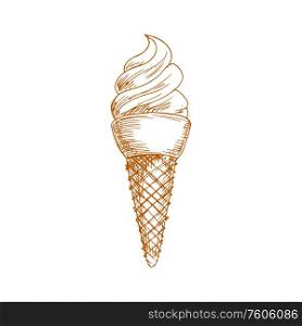 Gelato ice cream isolated hand drawn sketch. Vector waffle cone ice-cream, refreshing summer dessert. Ice cream, waffle cone with swirl isolated sketch