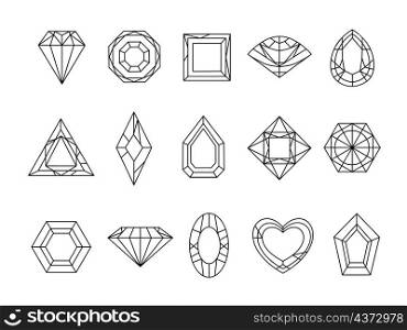 Gem, diamond, crystal and jewel stone shapes line icons. Outline emerald, carat, sapphire and ruby. Linear luxury brilliants logo vector set. Illustration of jewel line symbol and sign. Gem, diamond, crystal and jewel stone shapes line icons. Outline emerald, carat, sapphire and ruby. Linear luxury brilliants logo vector set