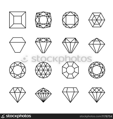 Gem line icons. Diamond crystal signs, vector precious stone or jewel luxury symbols isolated on white background. Gem line icons